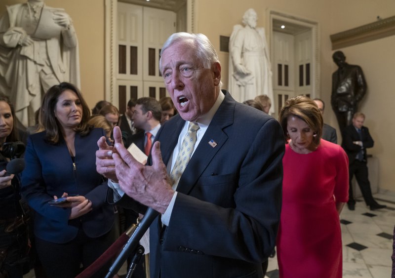 House Majority Leader Steny Hoyer, D-Md., center, and Speaker of the House Nancy Pelosi, D-Calif., push back on President Donald Trump's demand for funding to build a wall on the US-Mexico border as the partial government shutdown is in its second week, at the Capitol in Washington, Thursday, Jan. 3, 2019. (AP Photo/J. Scott Applewhite)


