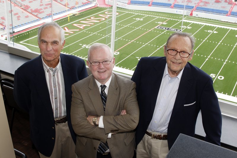 FILE — Harry King, Wally Hall and Jim Bailey during a 2010 ceremony at War Memorial Stadium to add them to the sports media legends in the press box.
