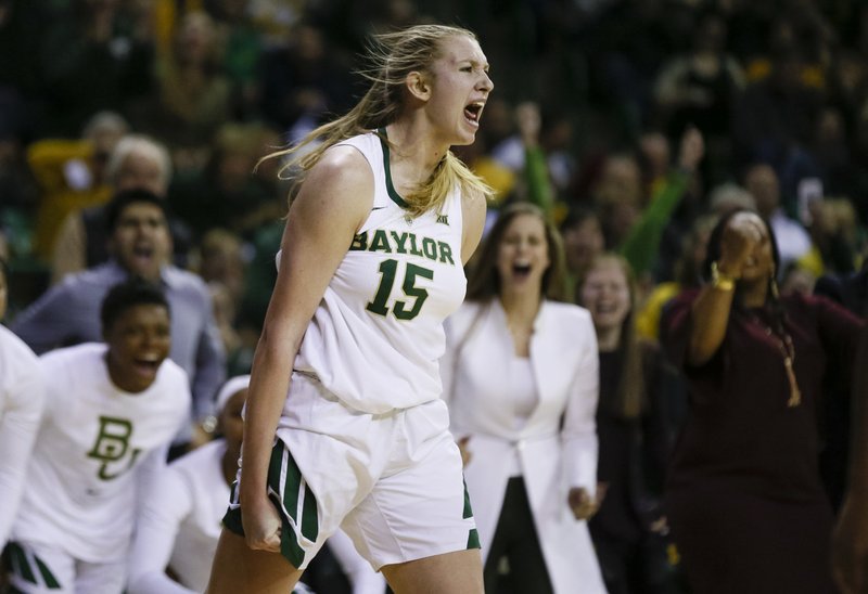 Baylor forward Lauren Cox (15) yells after making a basket and drawing a foul against Connecticut during the second half of an NCAA college basketball game Thursday, Jan. 3, 2019, in Waco, Texas. Baylor defeated No. 1 Connecticut 68-57. (AP Photo/Ray Carlin)