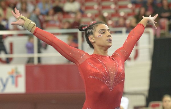 Arkansas' Sophia Carter competes in the floor Saturday, Jan. 5, 2019, during the Razorbacks' meet with No. 2 Oklahoma in Barnhill Arena in Fayetteville. Visit nwadg.com/photos to see more photographs from the meet.