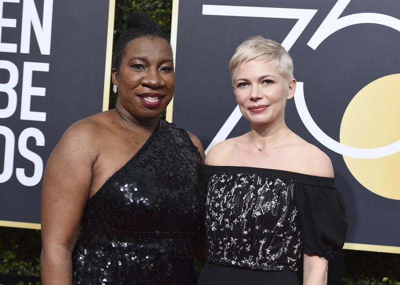 FILE - In this Jan. 7, 2018 file photo, social activist and founder of the #MeToo movement, Tarana Burke, left, and actress Michelle Williams wear black at the 75th annual Golden Globe Awards in Beverly Hills, Calif.  The Golden Globe Awards last year set the tone for how the film awards season would address the #MeToo movement, and as the hours tick down to Sunday, Jan. 6, 2019 show, many in Hollywood are wondering what this year will have in store. (Photo by Jordan Strauss/Invision/AP, File)