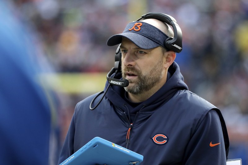  In this Dec. 16, 2018, file photo, Chicago Bears head coach Matt Nagy watches the action from the sideline during the first half of an NFL football game against the Green Bay Packers in Chicago. After winning the NFC North, the Bears host the Philadelphia Eagles in a wild card game packed with story lines on Sunday, Jan. 6, 2019. (AP Photo/Nam Y. Huh, File)