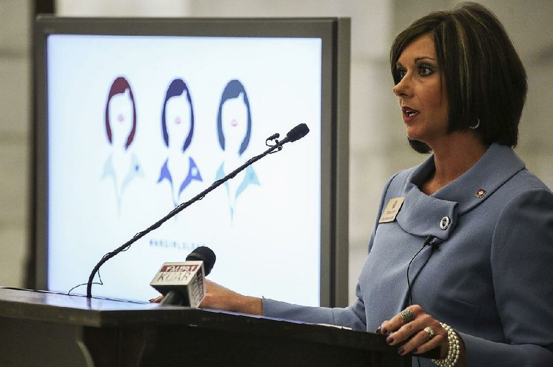 Rep. Sarah Capp, R-Ozark, is shown speaking at a press conference in this file photo.