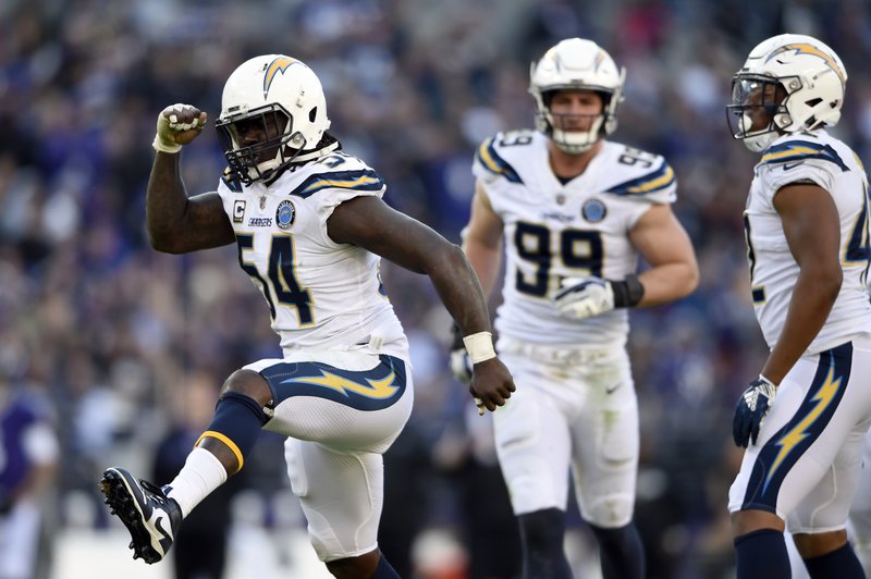 Los Angeles Chargers defensive end Melvin Ingram (54) celebrates after sacking Baltimore Ravens quarterback Lamar Jackson in the second half of an NFL wild card playoff football game, Sunday, Jan. 6, 2019, in Baltimore. (AP Photo/Gail Burton)