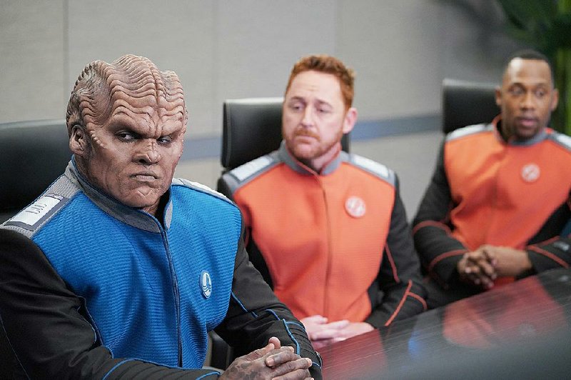Seasoned actor Scott Grimes (center) stars along with Peter Macon (left) and J Lee in Fox’s The Orville. While Grimes is satisfied with acting, he’s really a musician at heart. 