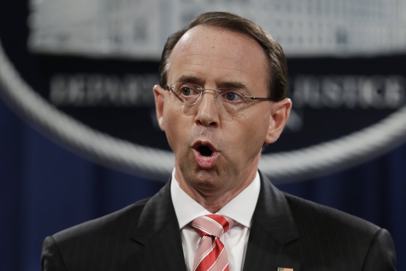 FILE - In this July 13, 2018 file photo, Deputy Attorney General Rod Rosenstein speaks during a news conference at the Department of Justice in Washington. Rosenstein is expected to leave his position soon after William Barr is confirmed as attorney general. That’s according to a person familiar with the plans who was not authorized to discuss them on the record and spoke to The Associated Press on condition of anonymity. (AP Photo/Evan Vucci)

