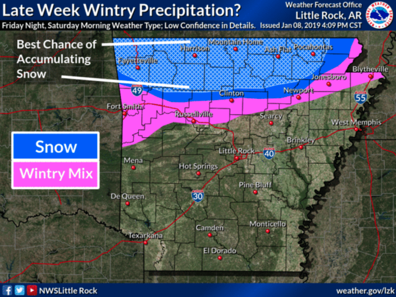 Northern Arkansas could see a mix of wintry weather late Friday and Saturday morning, with accumulating snow a possibility for northern-most parts of the state. (Graphic by National Weather Service)