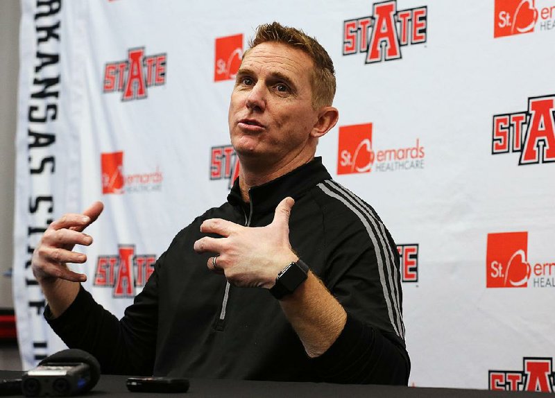FILE — Arkansas State football Coach Blake Anderson speaks at a news conference on Jan. 9, 2019.