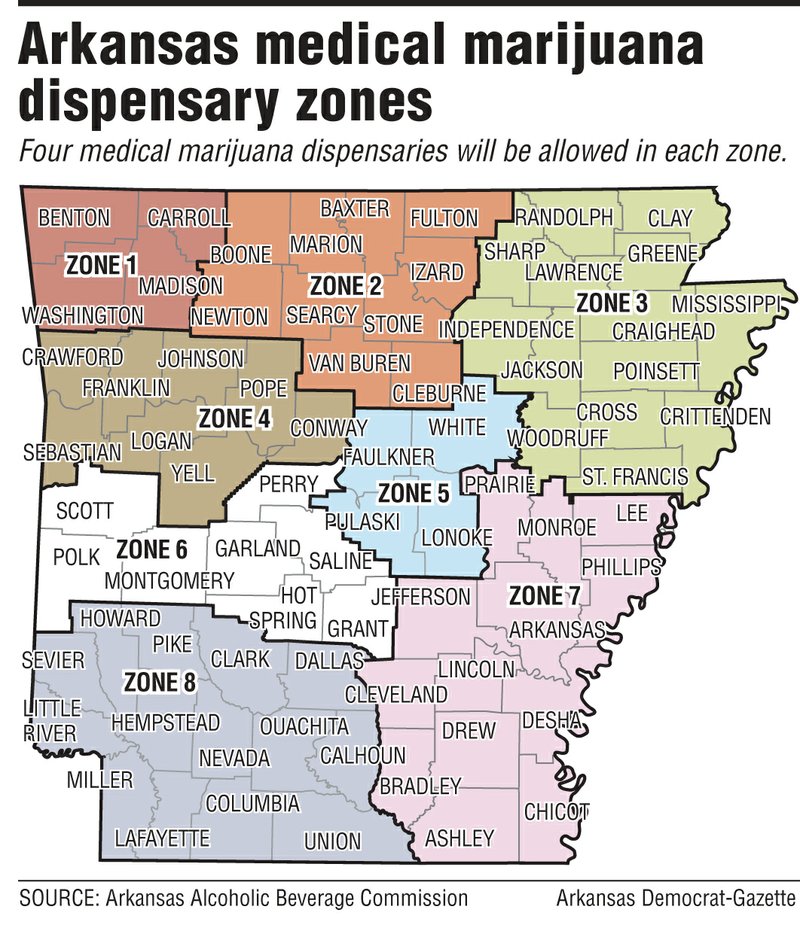 A map showing the Arkansas medical marijuana dispensary zones