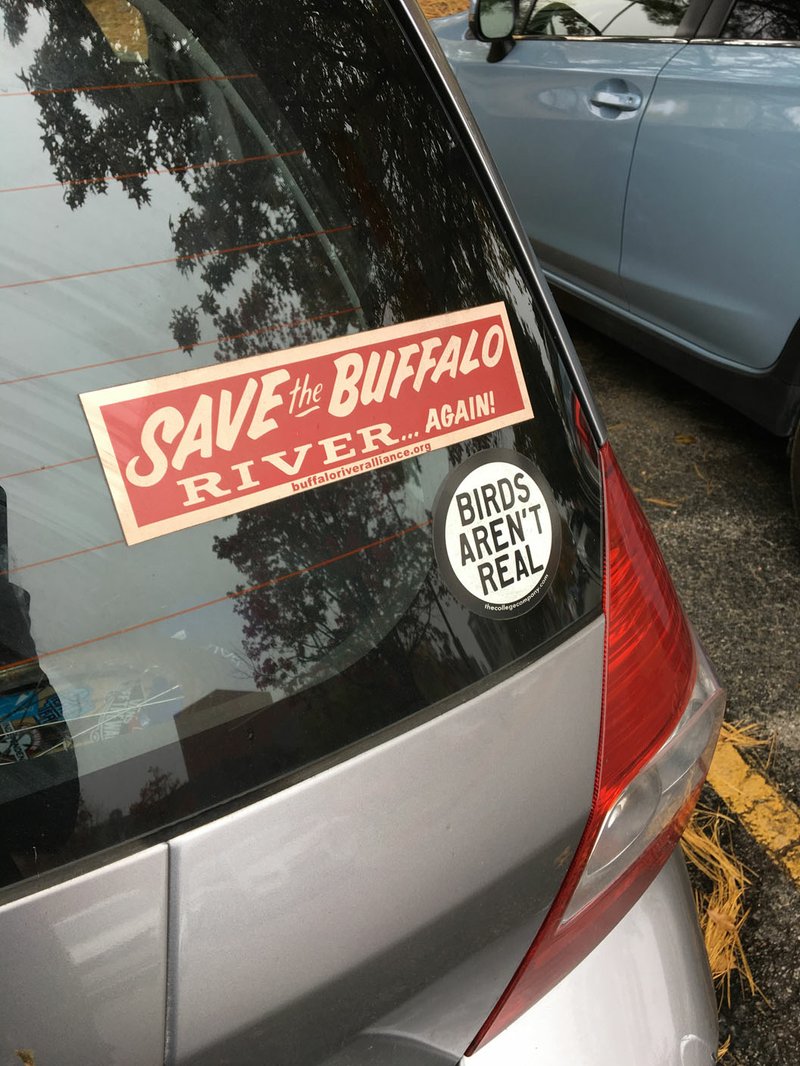 Photo courtesy Elliott Omar A University of Arkansas student's car sports a "Birds Aren't Real" sticker. "High-school aged and college-aged kids are Birds Aren't Real's bread and butter," said John Moritz of the parody that started at the UA.