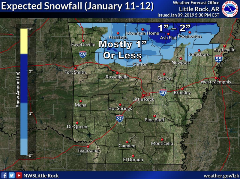 Northern Arkansas is forecasted to see a mix of wintry weather late Friday and Saturday morning, with accumulating snow possible for northern-most parts of the state. (Graphic by National Weather Service)