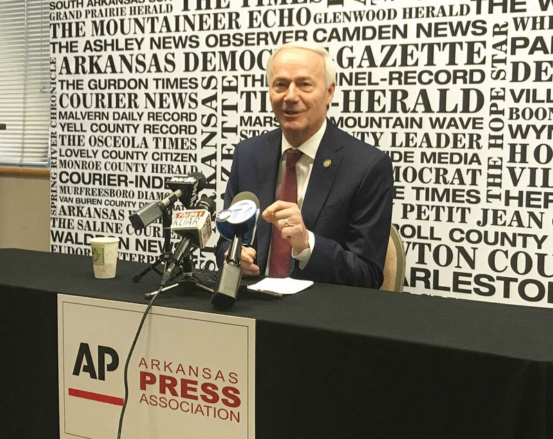 Gov. Asa Hutchinson speaks in Little Rock, Ark., at a forum hosted by The Associated Press and the Arkansas Press Association previewing this year's legislative session on Friday, Jan. 11, 2019. (AP Photo/Andrew DeMillo)