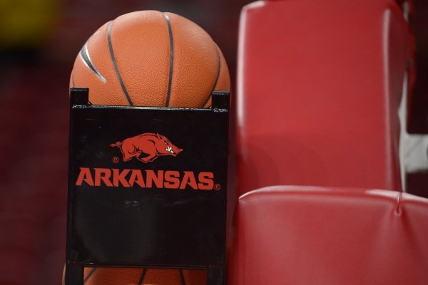 A basketball sits in a rack at Bud Walton Arena in this undated photo. 