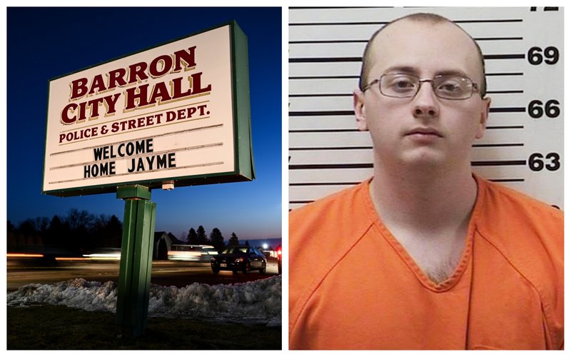 At left: The sign outside Barron, Wis., City Hall, Friday, Jan. 11, 2019, welcomes Jayme Closs, a 13-year-old northwestern Wisconsin girl who went missing in October after her parents were killed. At right: This photo provided by the Barron County Sheriff's Department in Barron, Wis., shows Jake Thomas Patterson, of the Town of Gordon, Wis., who has been jailed on kidnapping and homicide charges in the October killing of a Wisconsin couple and abduction of their teen daughter.