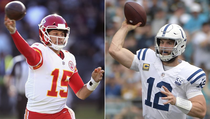 FILE - At left, in a Dec. 2, 2018, file photo, Kansas City Chiefs quarterback Patrick Mahomes (15) passes against the Oakland Raiders during an NFL football game in Oakland, Calif. At right , also in a Dec. 2, 2018, file photo, Indianapolis Colts quarterback Andrew Luck (12) throws a pass against the Jacksonville Jaguars during the first half of an NFL football game in Jacksonville, Fla. The Colts play the Chiefs in a divisional playoff game on Saturday, Jan. 12, 2019. (AP Photo/File)