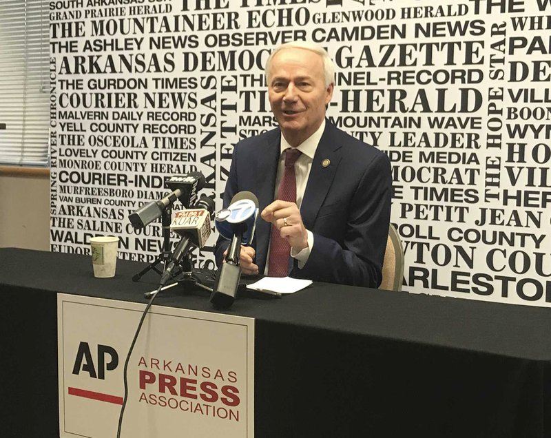 Gov. Asa Hutchinson speaks in Little Rock, Ark., at a forum hosted by The Associated Press and the Arkansas Press Association previewing this year's legislative session on Friday, Jan. 11, 2019. (AP Photo/Andrew Demillo)