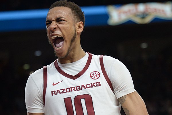 Arkansas forward Daniel Gafford celebrates after making a shot during a game against LSU on Saturday, Jan. 12, 2019, in Fayetteville. 