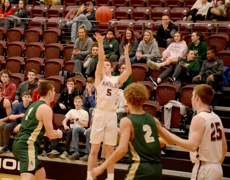 Graham Thomas/Siloam Sunday Siloam Springs junior Drew Vachon takes a 3-point shot Tuesday against Alma at Panther Activity Center. Vachon scored a career-high 21 points but the Panthers fell to the Airedales 71-67 in a 5A-West Conference game.