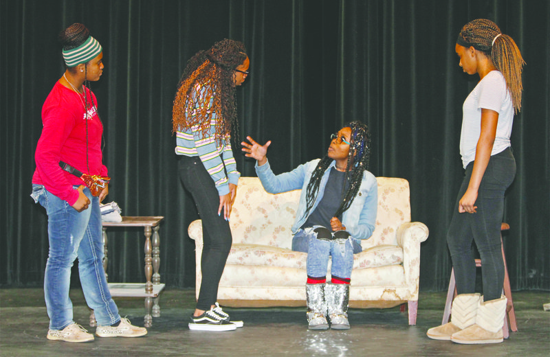 Rehearsal: From left, Emma Hill, Shaleaya Easter, Jazz Easter and Kayla Jackson perform a scene from “Can You Hear Me Now” during rehearsal at the South Arkansas Arts Center on Tuesday. Terrance Armstard/News-Times