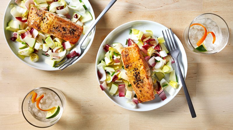 Honey Mustard Glazed Salmon With Endive and Green Apple Salad. MUST CREDIT: Photo for The Washington by Stacy Zarin Goldberg; food styling for The Washington Post by Lisa Cherkasky