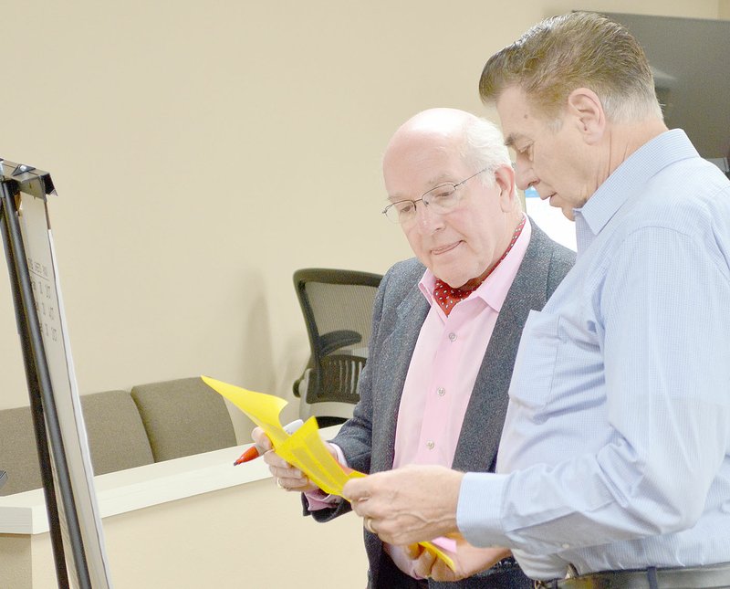 Keith Bryant/The Weekly Vista Mayor Peter Christie examines listed items with recently-elected council member Larry Wilms during a brainstorming exercise last Wednesday morning.