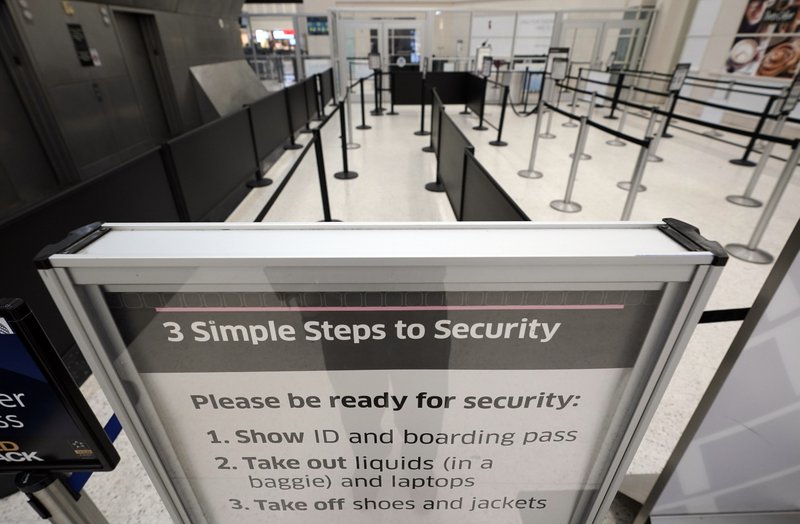 Security checkpoint lanes remain empty inside Terminal B at George Bush Intercontinental Airport Tuesday, Jan. 15, 2019, in Houston. The checkpoint has been closed several days due to staffing issues. The partial government shutdown is starting to strain the national aviation system, with unpaid security screeners staying home, air-traffic controllers suing the government and safety inspectors off the job. (AP Photo/David J. Phillip)