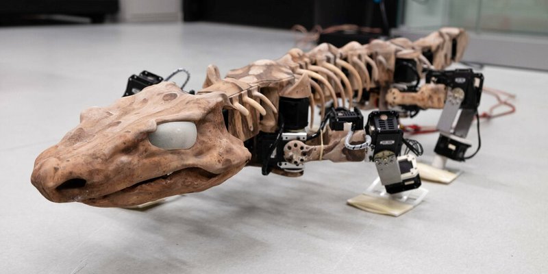 This undated photo provided by researchers in January 2019 shows the OroBOT, based on an Orobates Pabsti fossil. Scientists have used a nearly 300-million-year old skeleton and preserved ancient footprints to create the moving robot model of prehistoric life. (Tomislav Horvat, Kamilo Melo/EPFL Lausanne via AP)