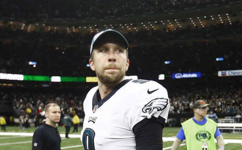 Philadelphia Eagles quarterback Nick Foles (9) leaves the field after an NFL divisional playoff football game against the New Orleans Saints, in New Orleans, Sunday, Jan. 13, 2019. 