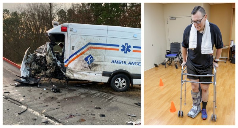 Left: An ambulance is pulled onto a wrecker after it was hit on Interstate 40 on Jan. 6. Right: Paul Sanchez, who was injured in the crash, undergoes therapy in Little Rock Wednesday.