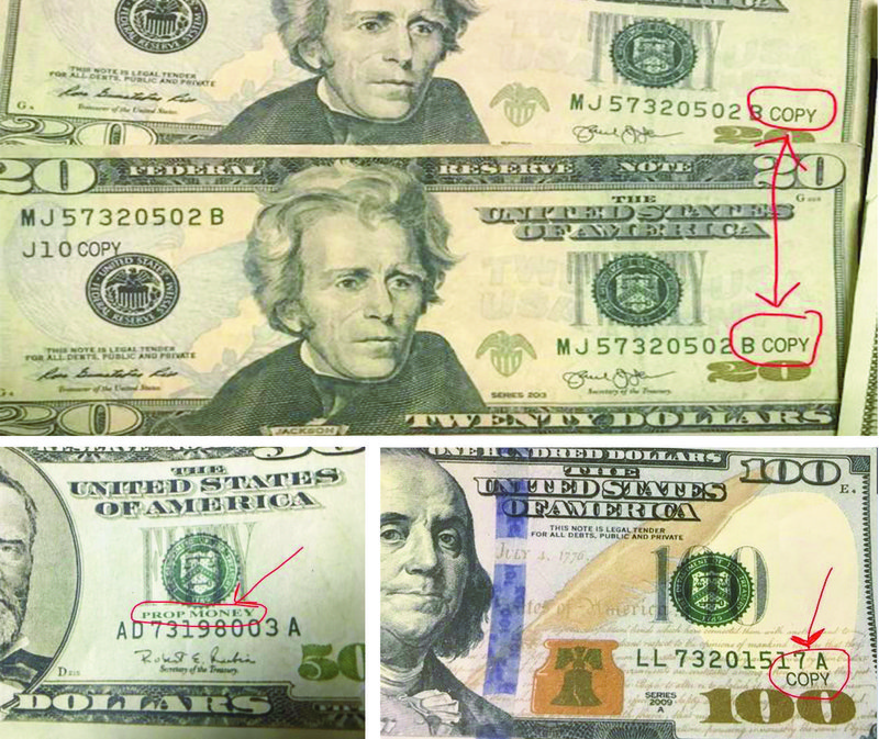 Pictured is a graphic from the Hempstead County Sheriff’s Office indicating the illegitimacy of recently confiscated $100, $50, and $20 bills.
