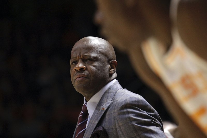 ROCKY TUESDAY: Arkansas head men's basketball coach Mike Anderson looks to the court in Knoxville, Tenn., on Tuesday during the first half of the Razorbacks' 106-87 road defeat against the Tennessee Volunteers.