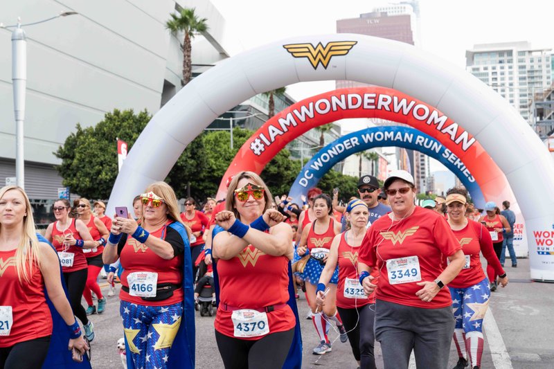 Racers mug for the camera during the DC Wonder Woman Race Series on Nov. 4, 2018, in Los Angeles.