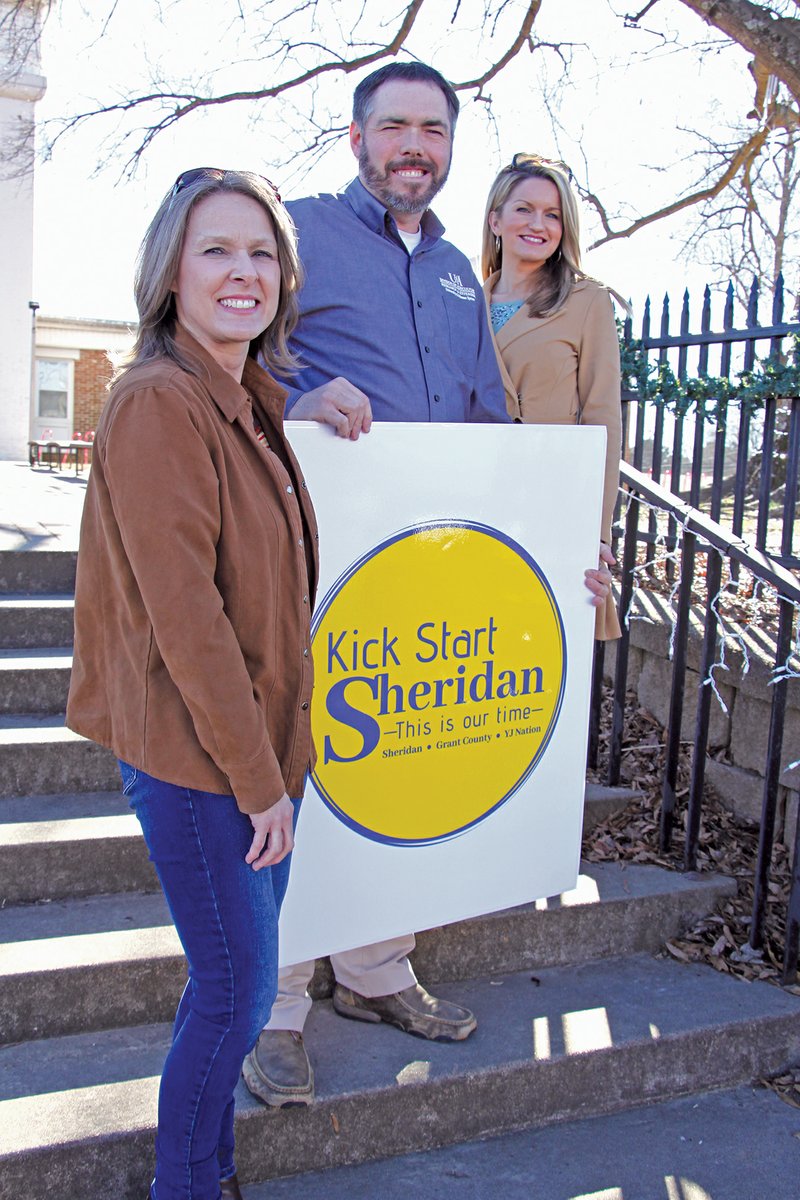Carrie Smith, from left, Brad McGinley and Lauren Goins stand outside the courthouse in Sheridan. Smith and McGinley serve as co-chairs and Goins serves as the communications chairwoman for Kick Start Sheridan, a partnership between the city of Sheridan and the University of Central Arkansas Center for Community and Economic Development and the University of Arkansas Cooperative Extension Service. The partnership is a five-year agreement that aims to boost Sheridan’s economic growth.