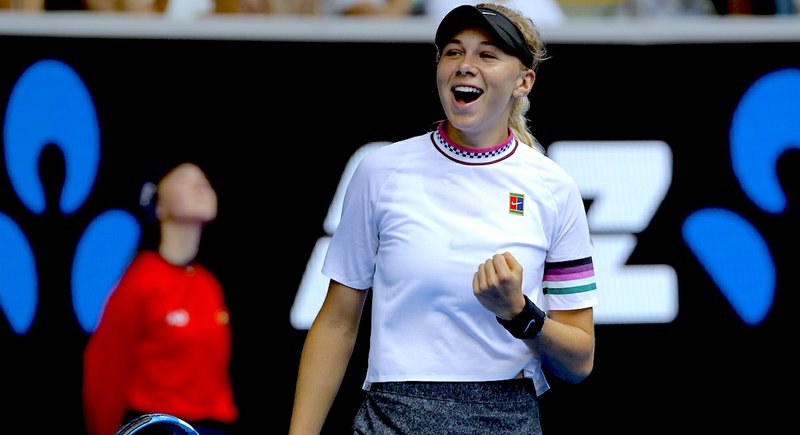 The Associated Press FIRST IMPRESSION: American tennis player Amanda Anisimova celebrates Friday after defeating Aryna Sabalenka in the third round of the Australian Open in Melbourne, Australia.