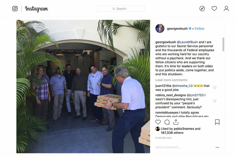 In this undated image posted on former President George W. Bush's Instagram account on Friday, Jan. 18, 2019, Bush, right, delivers pizzas to his secret service detail in Florida. The photo posted on Bush's Instagram and Facebook pages shows him delivering pizzas to the detail. On his posting, Bush said he and wife Laura "are grateful to our Secret Service personnel and the thousands of federal employees who are working hard for our country without a paycheck." He also said "it's time for leaders on both sides to put politics aside, come together, and end this shutdown." (George W. Bush via AP)