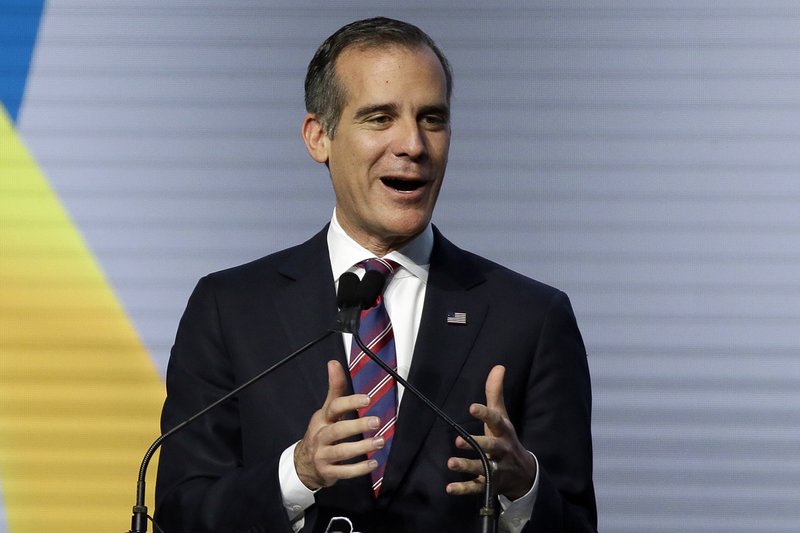 The Associated Press POLITICAL RISKS: In this Sept. 14, 2018, file photo, Los Angeles Mayor Eric Garcetti addresses the Global Action Climate Summit in San Francisco. A Los Angeles teachers strike is highlighting political risks for Garcetti as he ponders a run for president. Television images showing streets teeming with shouting picketers while half-a-million students are left in limbo aren't the kind of publicity he needs to launch a White House run.