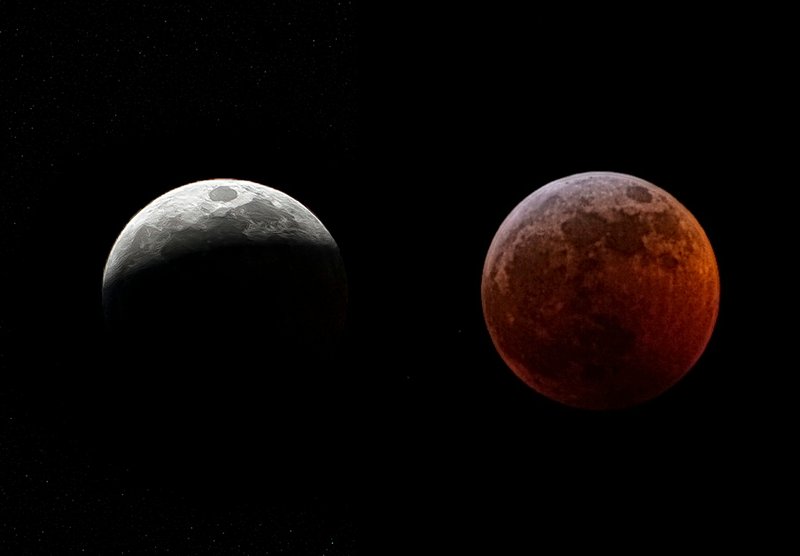 The “super blood wolf moon” as it was visible Sunday night in Magnolia. On the left, at approximately 10:25 p.m. Sunday, the eclipse had shaded over most the moon during the eclipse. As the time passed, a reddish, “blood” color was cast over the satellite for over an hour (right), beginning around 11 p.m.