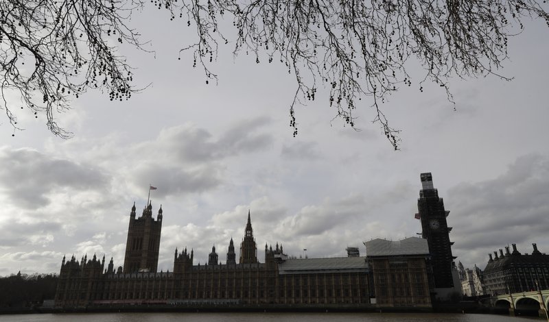 Britain's parliament buildings in London, Friday, Jan. 18, 2019. Talks to end Britain's Brexit stalemate appeared deadlocked Friday, with neither Prime Minister Theresa May nor the main opposition leader shifting from their entrenched positions. (AP Photo/Kirsty Wigglesworth)