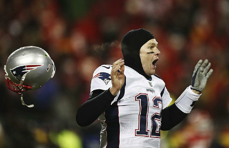 New England quarterback Tom Brady reacts after the Patriots defeat- ed the Kansas City Chiefs 37-31 in overtime in the AFC Championship Game on Sunday in Kansas City, Mo.