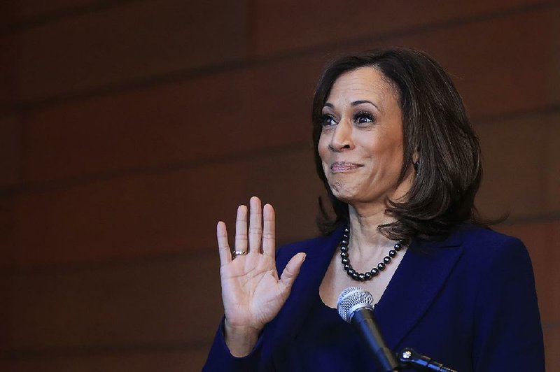 Sen. Kamala Harris, D-Calif., speaks to members of the media at her alma mater, Howard University, on Monday in Washington, after her announcement earlier in the morning that she will run for president. 