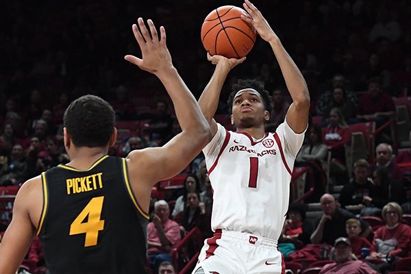 Arkansas guard Isaiah Joe shoots during a game against Missouri on Wednesday, Jan. 23, 2019, in Fayetteville. 