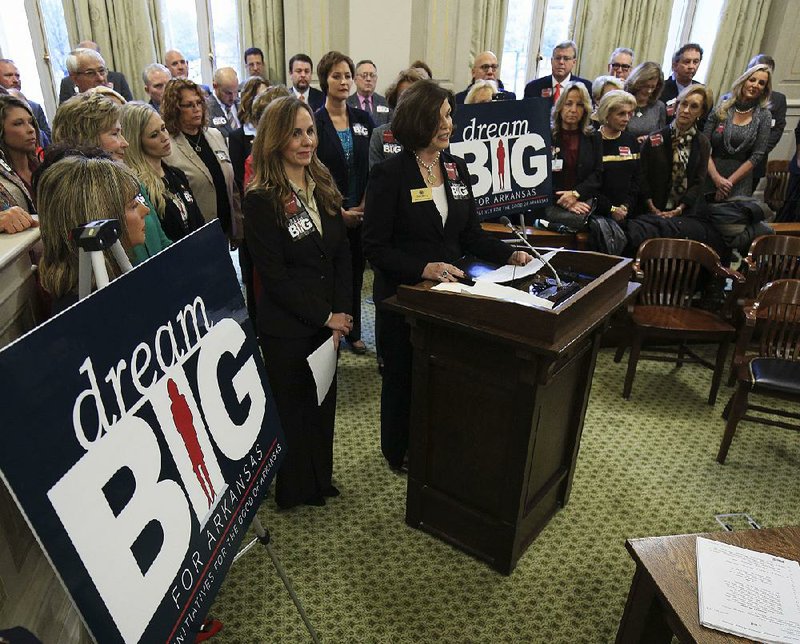 Republicans Sen. Missy Irvin (left) of Mountain View and Rep. Charlene Fite of Van Buren speak  Wednesday about legislation that the newly formed Arkansas Republican Women’s Legislative Caucus will focus on during this legislative session. 