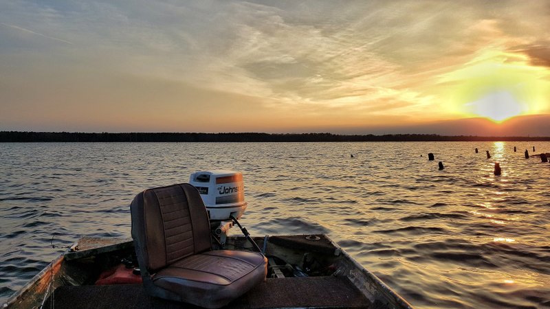  A small fishing boat sits on Lake Erling, near its central northeastern shoreline. The invasive Giant Salvinia plant was recently discovered at the Bradley area fishing Lake.