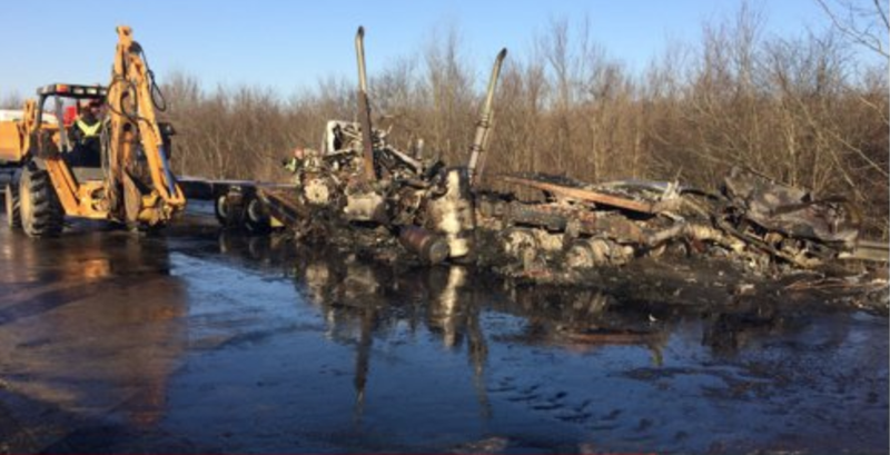 The charred remains of a tractor-trailer that caught on fire after a crash along Interstate 40 on Jan. 24, 2019.