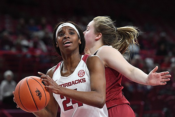 Arkansas forward Taylah Thomas goes up for a shot during a game against Alabama on Thursday, Jan. 24, 2019, in Fayetteville. 
