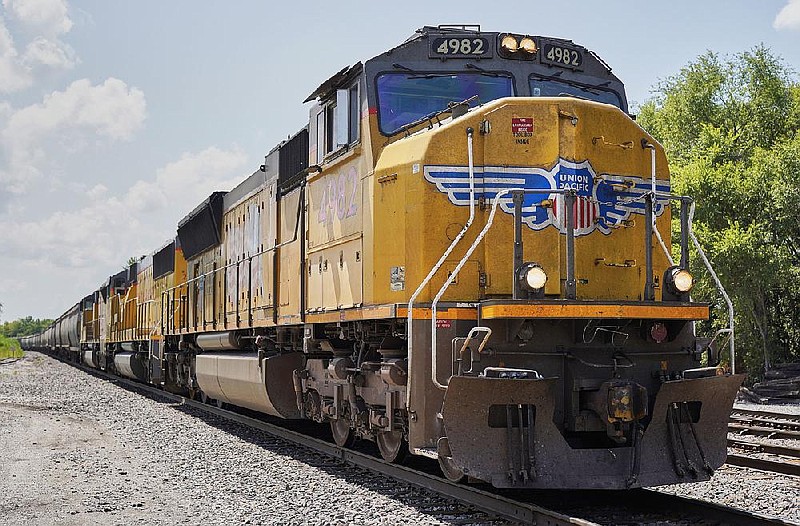 A Union Pacific train travels through Union, Neb., last summer. A woman died after being hit by a Union Pacific train Saturday in Arkansas, according to the company. 