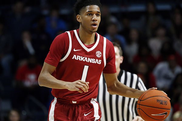 Arkansas guard Isaiah Joe (1) dribbles up court during the second half of the NCAA college basketball game against Mississippi in Oxford, Miss., Saturday, Jan. 19, 2019. Mississippi won 84-67. (AP Photo/Rogelio V. Solis)


