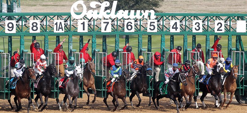 THEY'RE OFF: Horses break from the starting gate during the first race of the 2019 live race meet at Oaklawn Park on Friday.