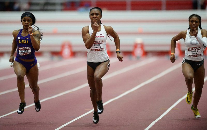 Arkansas’ Kiara Parker won Saturday’s 60-meter final at the Randal Tyson Track Center in Fayetteville. Parker finished the race in 7.15 seconds, breaking the meet record.