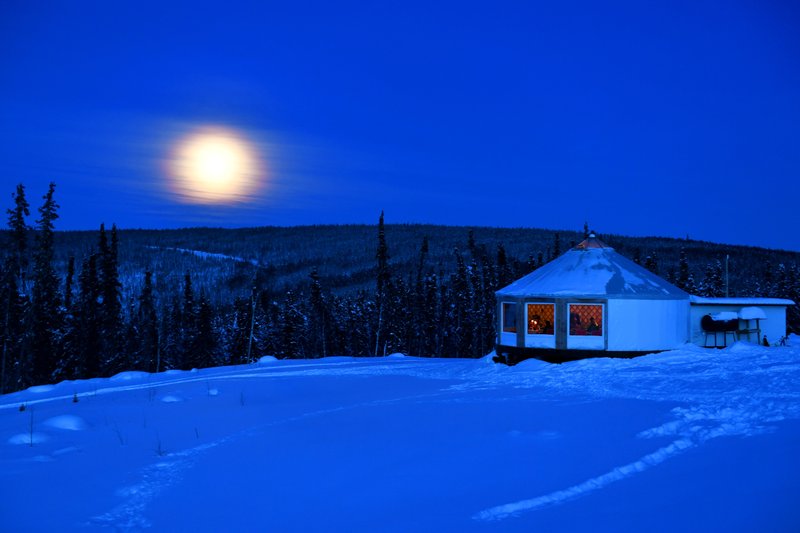 Moonrise in Fairbanks, Alaska, over a yurt at Borealis Basecamp. MUST CREDIT: Washington Post photo by Katherine Frey.